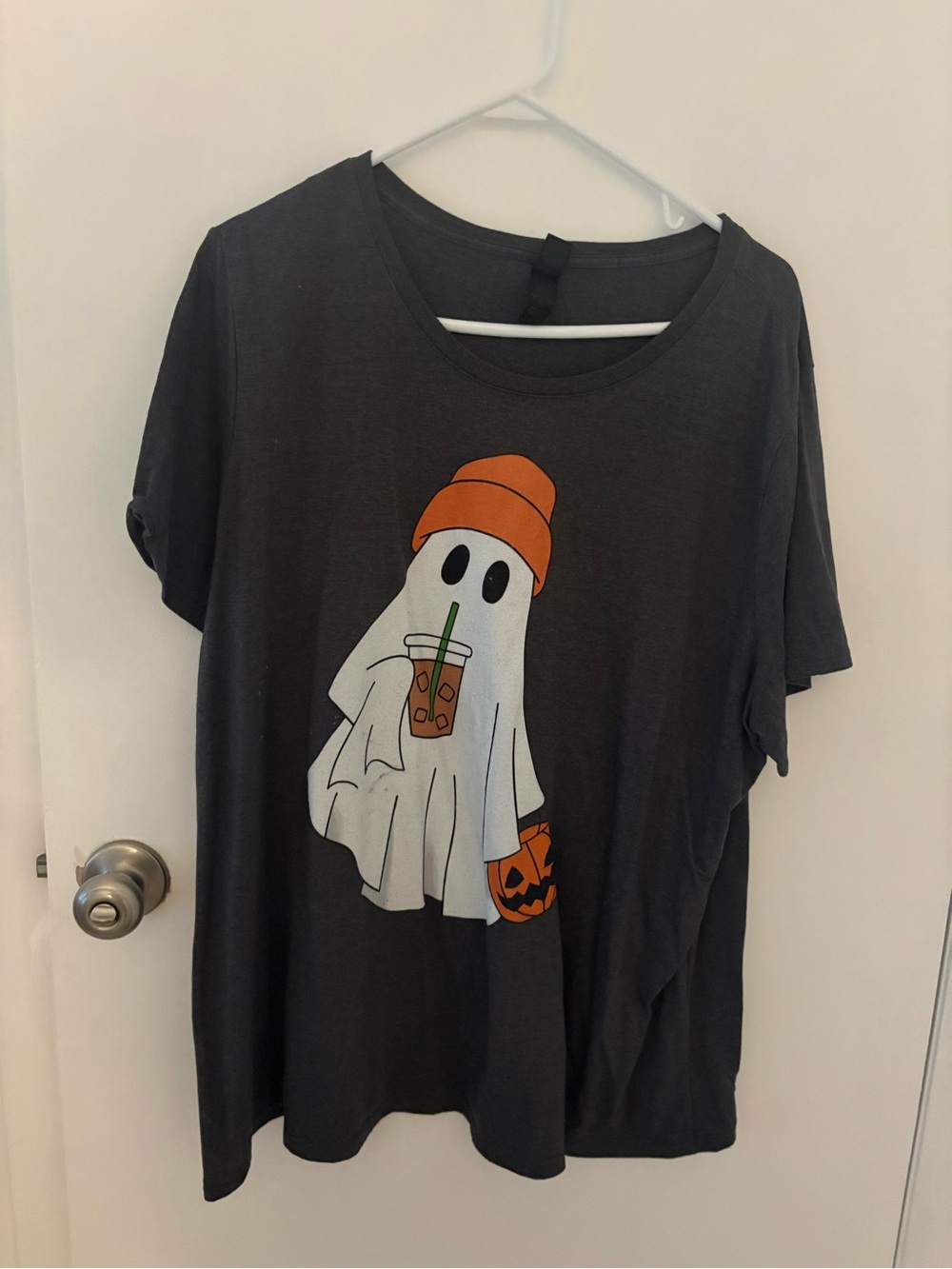 Women’s Halloween Ghost Graphic Tee - Charcoal with Orange Accents